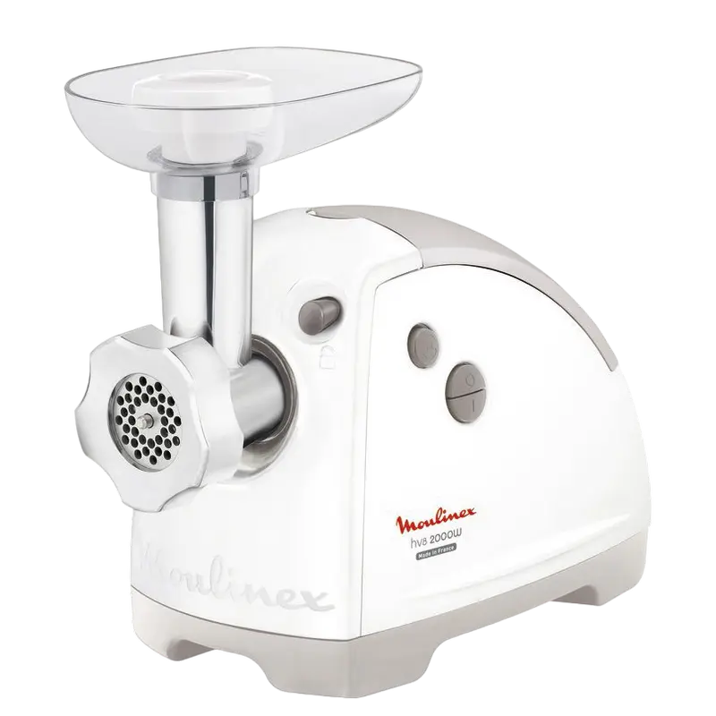 Mașini de tocat carne - Meat Mincer Moulinex ME626132,  2000W power output,2 perforated discs 4,7/8mm, sausage and kebbe stuffers, 5 grating and slicing attachments, grinding speed 2,6kg / min,  white