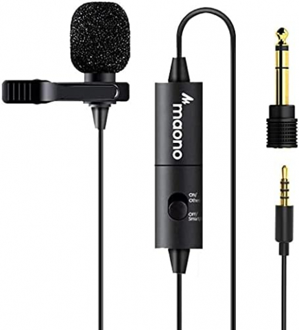 Jack 3.5mm - Microfon Lavalier Omnidirecțional Clip-On pentru guler, pentru telefon mobil, cameră, cu cablu audio de 6 m, mufă TRRS de 3,5 mm și adaptor de 6,35 mm (Negru)