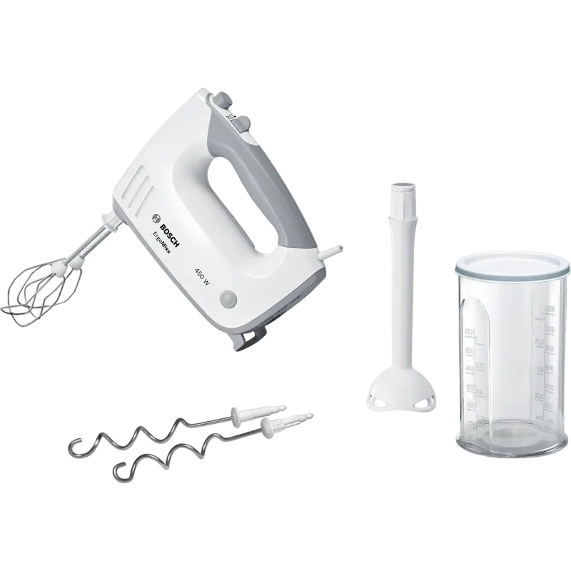Mixere - Mixer Bosch MFQ36440
450W power output, 5 speed levels plus moment level/turbo level, 2x dough hook, 2x beater,  white/grey