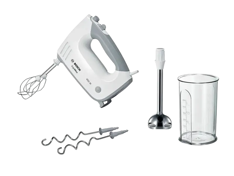 Mixere - Mixer Bosch MFQ36470
, 500W power output, 5 speed levels plus pulse level, 2x dough hook, 2x beater, stick mixer attachment,  vanilla/silver