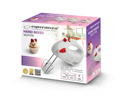 Mixer de mână Esperanza MUFFIN EKM007R, 150W, viteze ajustabile, accesorii incluse [1]