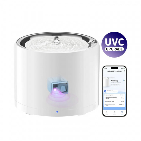 Produse pentru animale - Petkit Eversweet 3 Pro (UVC) Smart Pet Drinking Fountain, Capacity 1.8L, UVC sterilization, Multi-layer filtration system, 304 Stainless Steel, Wireless Pump Design, PETKIT APP via bluetooth, Smart & Normal & DND Mode, Silent Pump 25dB, Product Size: 195*195*148mm, white