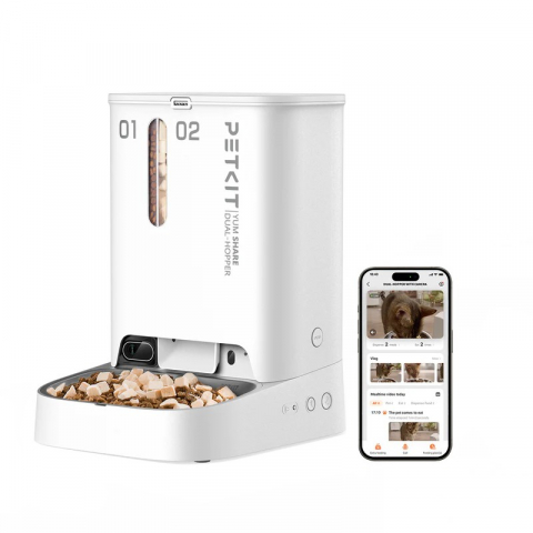Produse pentru animale - Petkit YumShare Dual-hopper Smart Pet Feeder with camera, Wi-Fi and Bluetooth connection, 304 stainless steel, Capacity: 5L(2.5kg), Personlized Meal Call/Voice Call, Normal dry food, freeze dried food, App control, Emergency Power Supply 60 days, Size 362*263*247mm, white