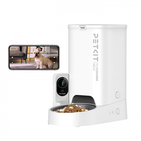 Produse pentru animale - Petkit YumShare SOLO Smart Pet Feeder with camera, Wi-Fi and Bluetooth connection, 304 stainless steel, Capacity: 3L(1.33kg), Personlized Meal Call/Voice Call, Normal dry food, freeze dried food, App control, Emergency Power Supply 14 days, Size 316*186*296mm, white