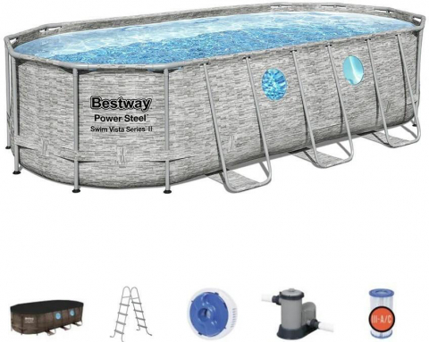 Sport și Agrement - Piscină Bestway Power Steel Oval 549x274x122 cm – 13430L, cu pompă 5678 l/h, scară, husă, dozator, cadru metalic