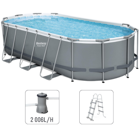Bestway Piscină Power Steel Oval 427x250x100 cm, 7250L, cu cadru metalic + pompă 2006 L/oră, scară [2]