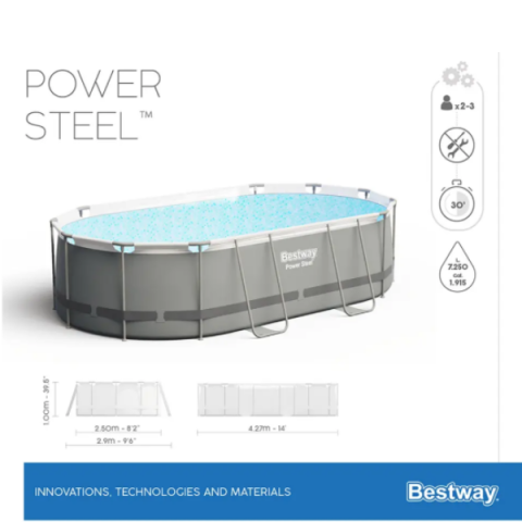 Bestway Piscină Power Steel Oval 427x250x100 cm, 7250L, cu cadru metalic + pompă 2006 L/oră, scară [6]