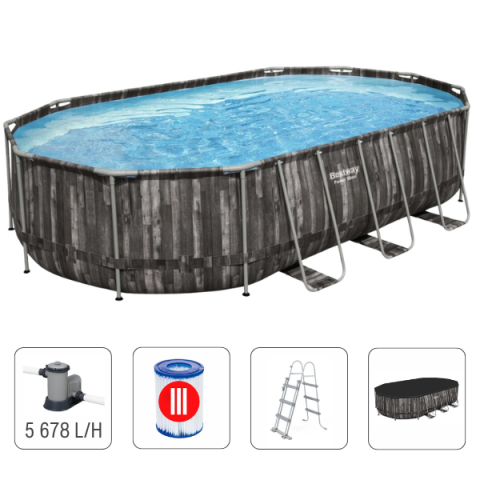 Sport și Agrement - Piscină Bestway Power Steel Oval 610x366x122 cm – 20241L, cu pompă 5678 l/h, scară, copertină, dozator, cadru metalic