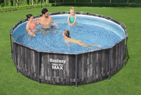 Bestway Piscină Steel Pro MAX 366x100 cm, 9150L, cadru metalic, cu pompă de filtrare și scară, imprimeu lemn [1]