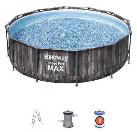 Bestway Piscină Steel Pro MAX 366x100 cm, 9150L, cadru metalic, cu pompă de filtrare și scară, imprimeu lemn [0]