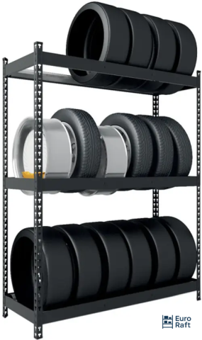 Raft metalic depozitare roți Euro Raft Clasa A, 1680x1200x500 mm, 3 niveluri, Negru [0]