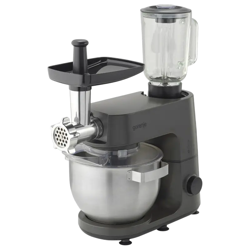 Roboti de bucatarie - Robot de bucătărie Gorenje MMC1000CA (1000W, Bol 6L Inox, Blender Sticlă 1.5L, Mașină de tocat carne, 6 Viteze + Pulse, Negru)
