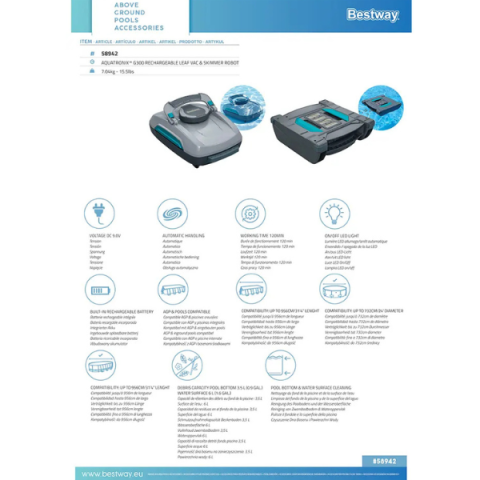 Robot de curățare fără fir 2-în-1 Bestway® AquaTronix™ Pro G300 – Curățare completă pentru fundul și suprafața piscinei [9]
