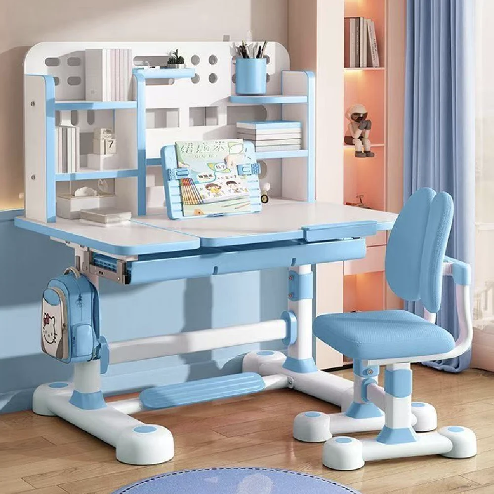 Casa și grădina - Set birou pentru copii cu scaun reglabil, rafturi pentru cărți și lampă LED, 80×56 cm, Albastru