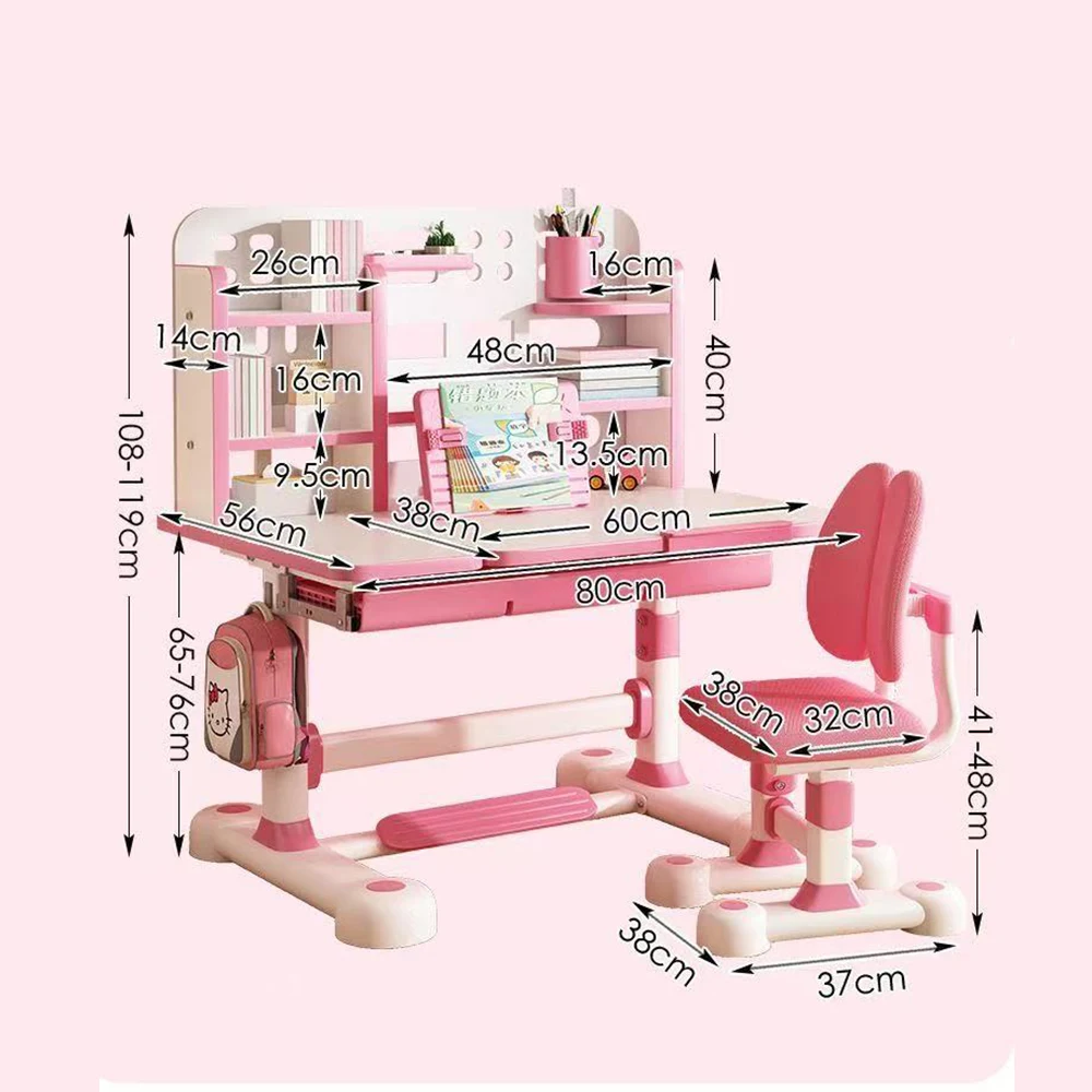 Set birou pentru copii cu scaun reglabil, rafturi pentru cărți și lampă LED, 80×56 cm, Roz [1]