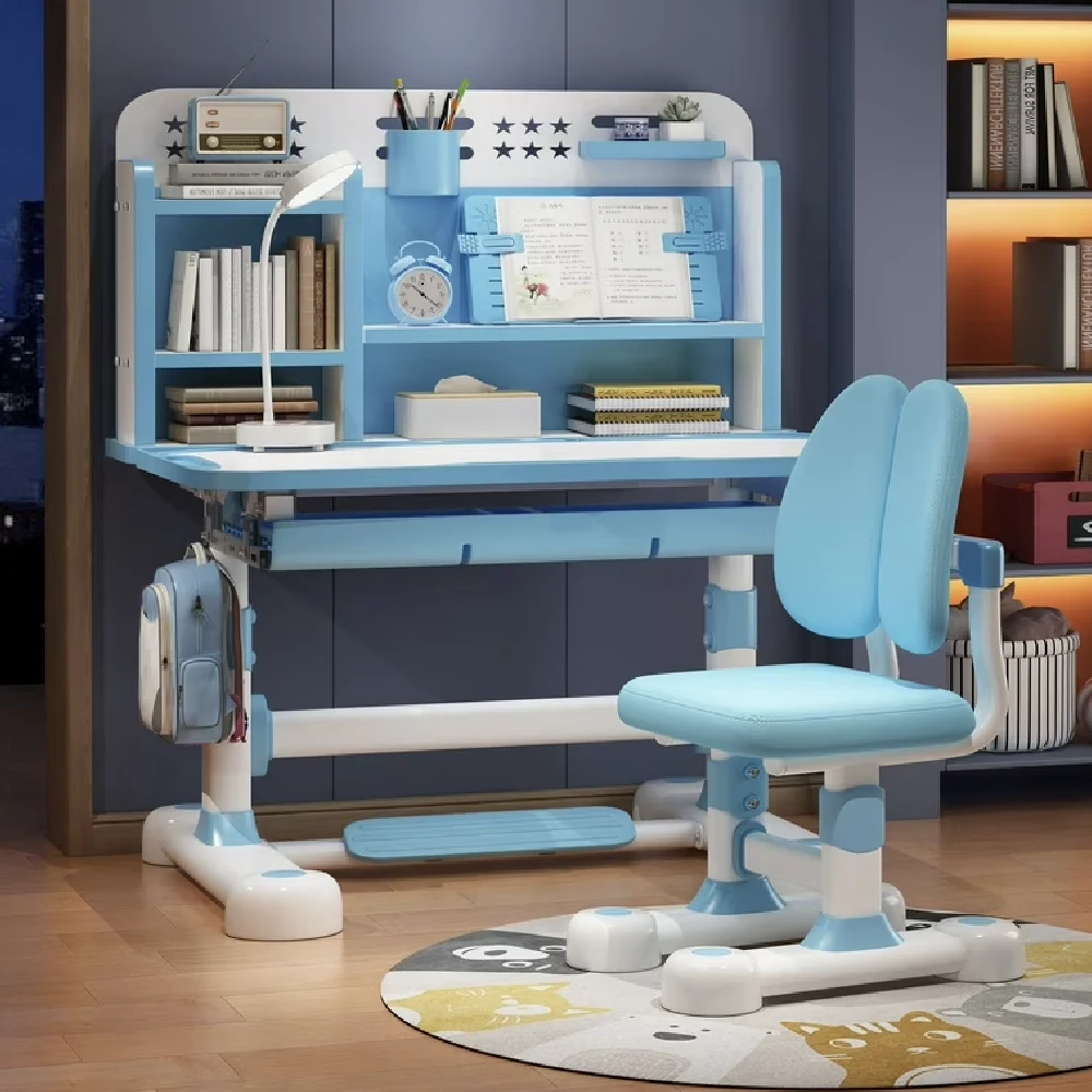 Casa și grădina - Set birou pentru copii cu scaun reglabil, rafturi pentru cărți și lampă LED, 80×60 cm, Albastru