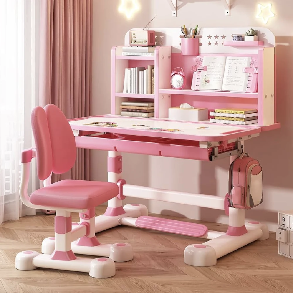 Casa și grădina - Set birou pentru copii cu scaun reglabil, rafturi pentru cărți și lampă LED, 80×60 cm, Roz