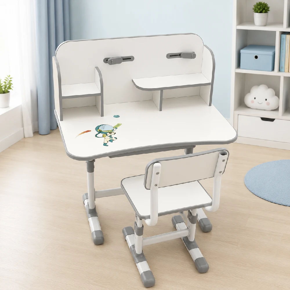 Casa și grădina - Set birou pentru copii cu scaun reglabil și rafturi pentru cărți, 75.5×48.5 cm, Gri