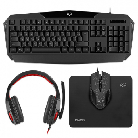 Gaming - SVEN GS-4300 RGB Gaming Set, Keyboard+Mouse+MousePad+Headset, keys 104 keys, 12 Fn-keys, Backlight (RGB) mouse 7+1(1200-3200 DPI) , USB, Black, Rus/Ukr/Eng