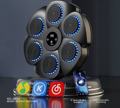 Interactive - Țintă de Box Muzicală XO SF-02 cu 6 Zone, Lumini RGB și Scor Automat – Include Mănuși de Box Complete pentru Adulți, Negru