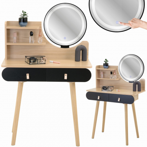 Toaletă de machiaj din lemn cu oglindă LED, 120x80x40 cm, picioare din lemn de fag [2]