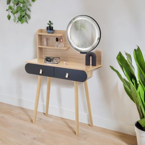Toaletă de machiaj din lemn cu oglindă LED, 120x80x40 cm, picioare din lemn de fag [6]