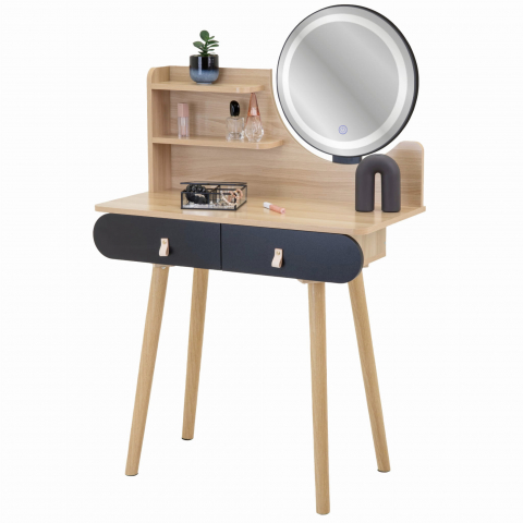 Toaletă de machiaj din lemn cu oglindă LED, 120x80x40 cm, picioare din lemn de fag [1]