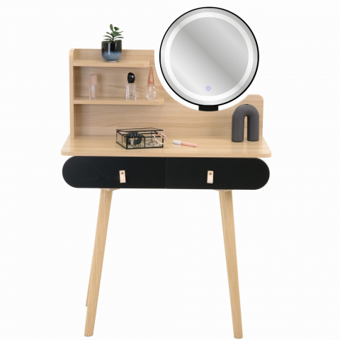 Toaletă de machiaj din lemn cu oglindă LED, 120x80x40 cm, picioare din lemn de fag [0]