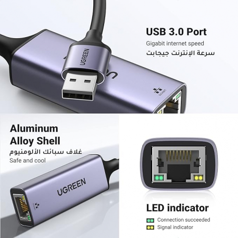 UGREEN Adapter USB-A 3.0 to RJ45 1Gbps, up to 480 Mbps, Support IEEE 802.3, 802.3, 15cm CR111, Black [4]