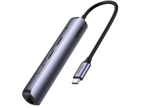 Electronice - UGREEN HUB 5in1 Ultra Slim Type-C to 3xUSB+RJ45+Type-C, Space Grey