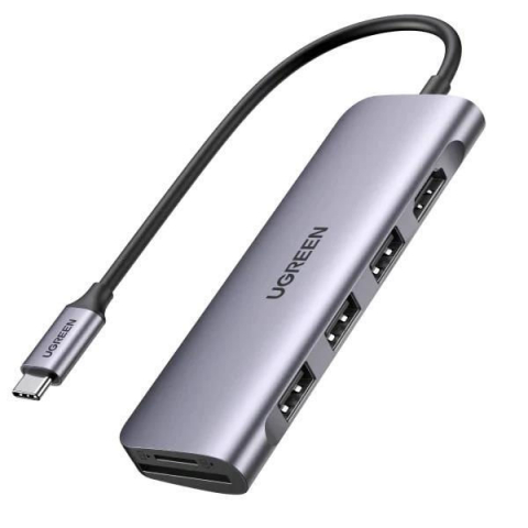 Electronice - UGREEN HUB 6in1 Type-C 3.0 to HDMI 4K 30Hz + 3*USB-A 3.0 + SD/TF, up to 5Gbps CM195, Space Gray