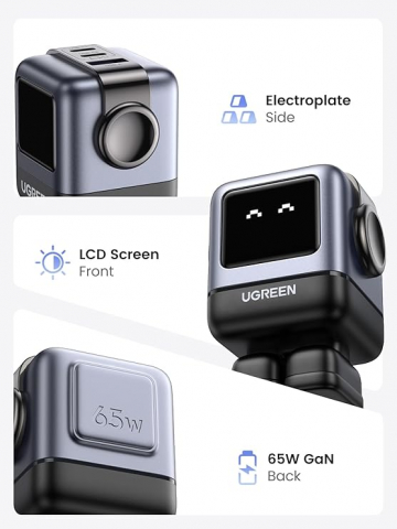 UGREEN Robot GaN Tech Fast Charger USB-A+2*USB-C 65W, Black [1]