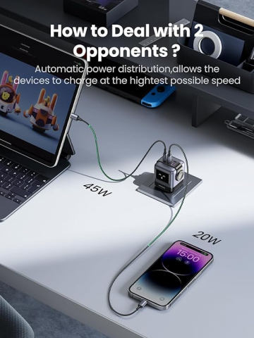 UGREEN Robot GaN Tech Fast Charger USB-A+2*USB-C 65W, Black [2]