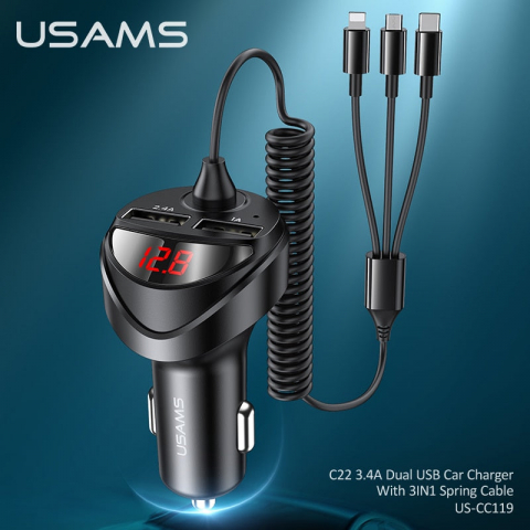 Usams Car Charger 3-in-1 C22 Dual 3.4A, Black [2]