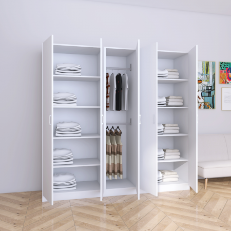 Dulap cu 3 usi - Dulap 5 usi cu rafturi si bara haine , H200 X L205 X A50cm, PAL 18mm, Culoare Alb