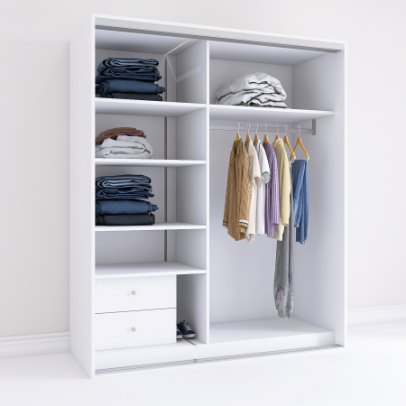 Dressinguri - Dulap usi culisante cu 2 sertare  L140 x H200 x A60 cm, Culoare Alb, Pal 18mm, Cant ABS, Manere Aluminiu
