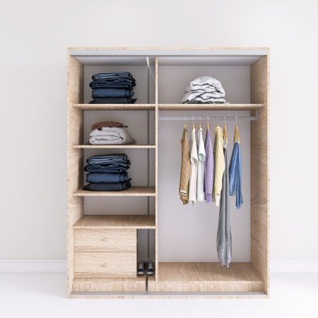 Dressinguri - Dulap usi culisante cu 2 sertare  L120 x H200 x A60 cm, Culoare Stejar Sonoma, Pal 18mm, Cant ABS, Manere Aluminiu