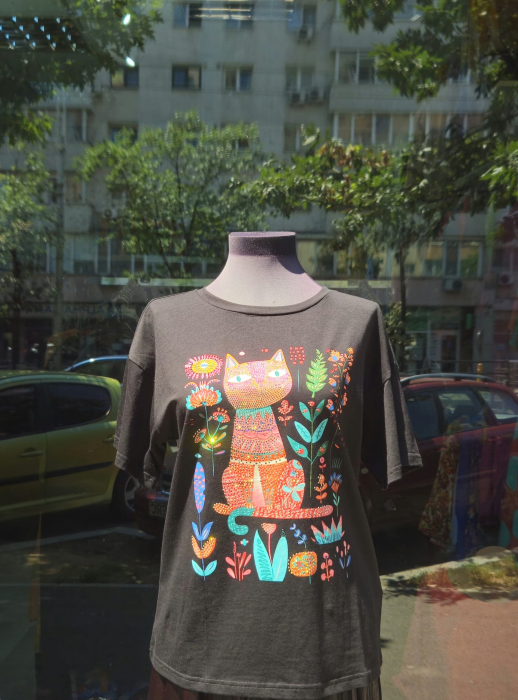 Tricou negru Flower Cat [1]