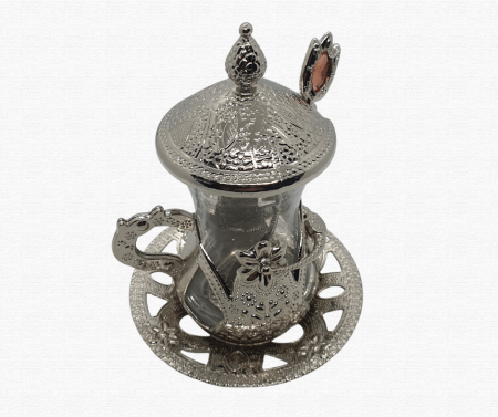 Set 6 cesti ceai turcesc, cu capac,farfurii si lingurite metalice ,Acar,argintii [5]