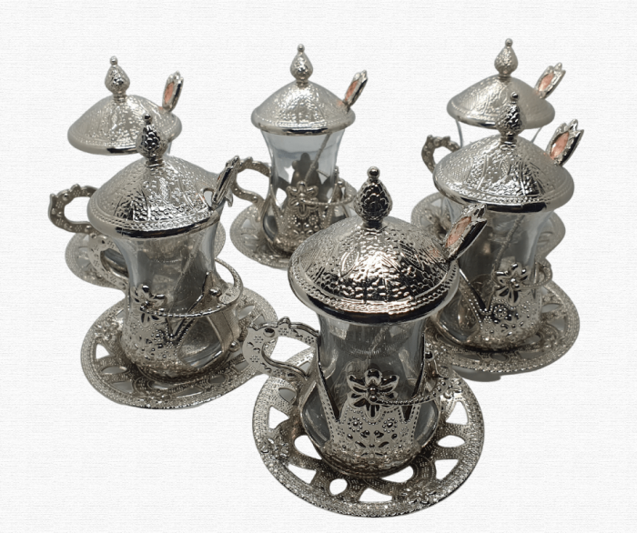 Set 6 cesti ceai turcesc, cu capac,farfurii si lingurite metalice ,Acar,argintii [5]
