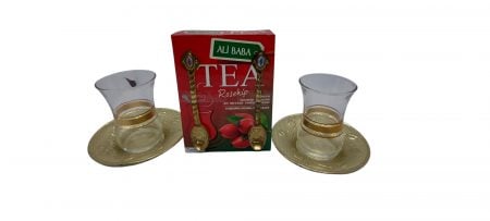 Set ceai turcesc Ali Baba, 100 gr cu arome, 2 pahare, farfurii si lingurite metalice [4]