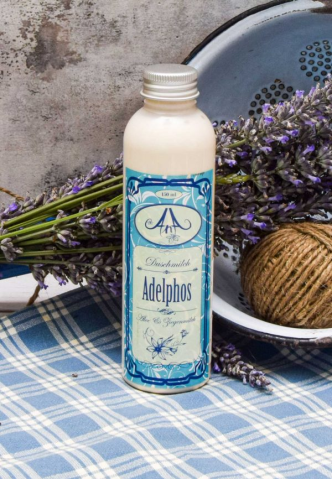 Gel de duș natural - Adelphos 150 ml - Gel de duș cu Aloe Vera și lapte de capră (lavandă-ambre)
