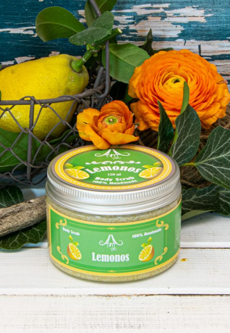 Exfoliant natural de corp (scrub) - Lemonos- Exfoliant pentru piele (scrub),cu lămâie-curcuma-zahăr, pentru pele normală-gras 150ml