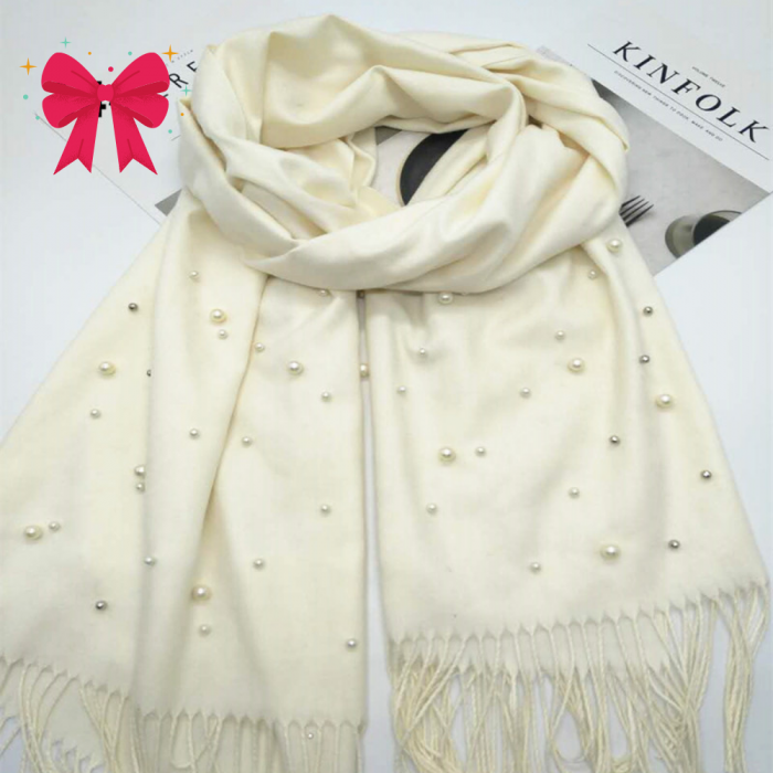 Esarfa Cashmere Cu Perle, Alb [2]