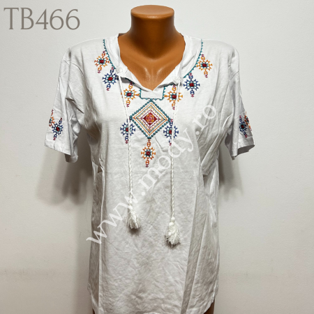 Bluze - Tricou Brodat Cu Motive Traditionale Alb