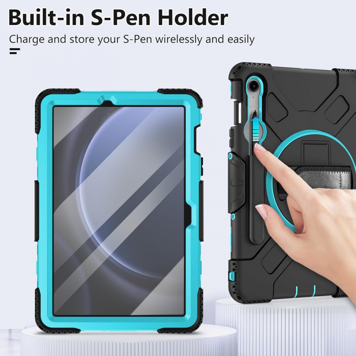 Husă socuri Samsung Galaxy Tab S9 FE 11.9 2023, calitate militară, cu 3 straturi, cu protecție pentru ecran, suport pentru stilou S, suport rotativ, albastru [3]