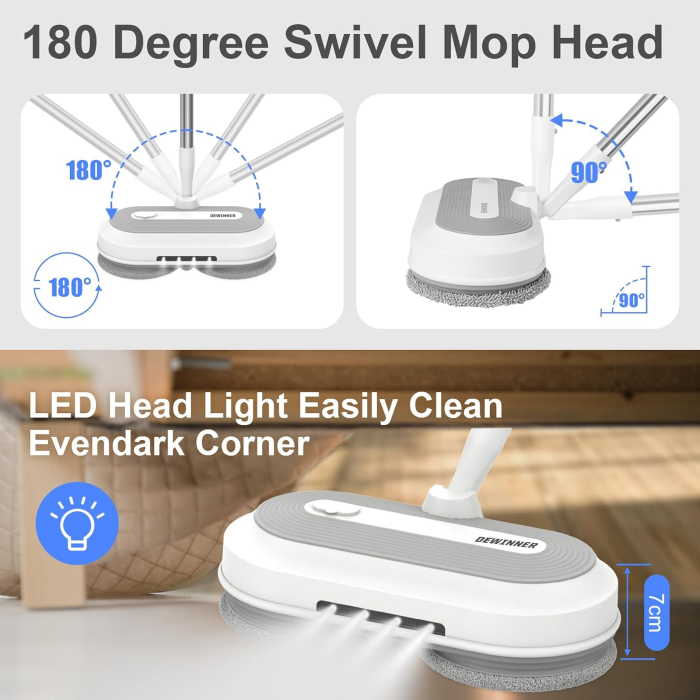 Mop Electric Fără Fir DEWINNER, 150 RPM, Rezervor 300 ml, Acumulator 2 Ah, LED [3]