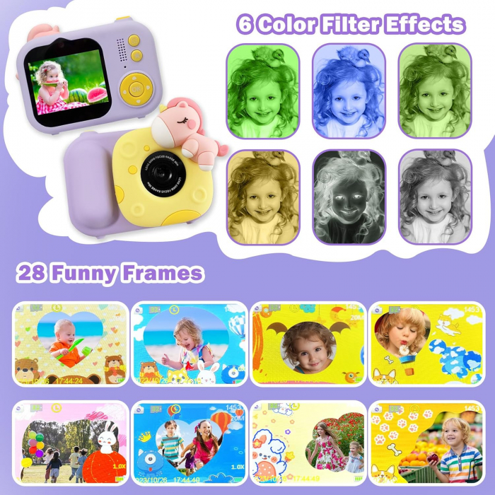 Aparat foto digital selfi Unicorn pentru copii, 1080P HD cu ecran de 2,5", cu trepied, card 32G, cititor de carduri USB [3]