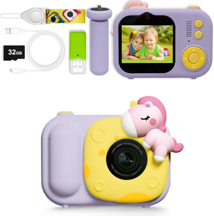 Aparat foto digital selfi Unicorn pentru copii, 1080P HD cu ecran de 2,5", cu trepied, card 32G, cititor de carduri USB [1]