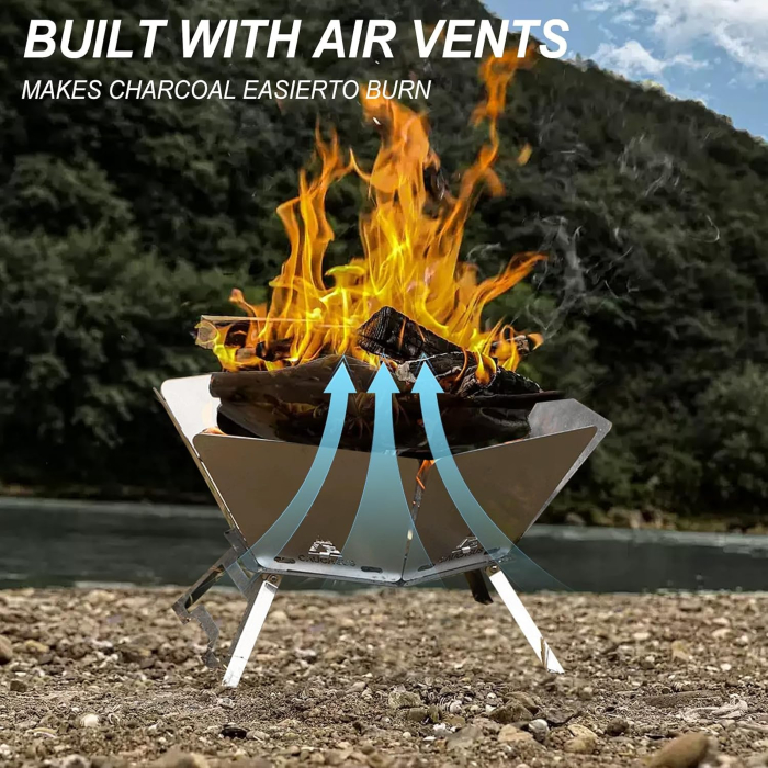 Vatră de Foc Pliabilă Portabilă, Inox, Grătar Inclus, 41 x 45 x 25 cm [4]